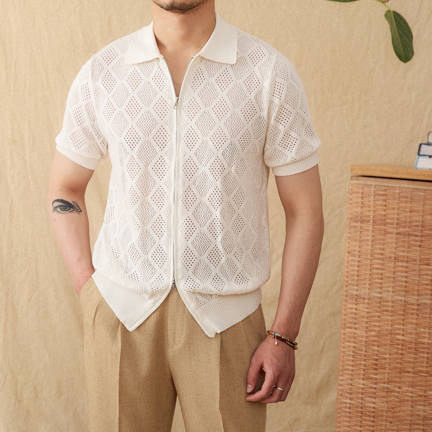 Urban Gents | Cotton Openwork Zip Polo