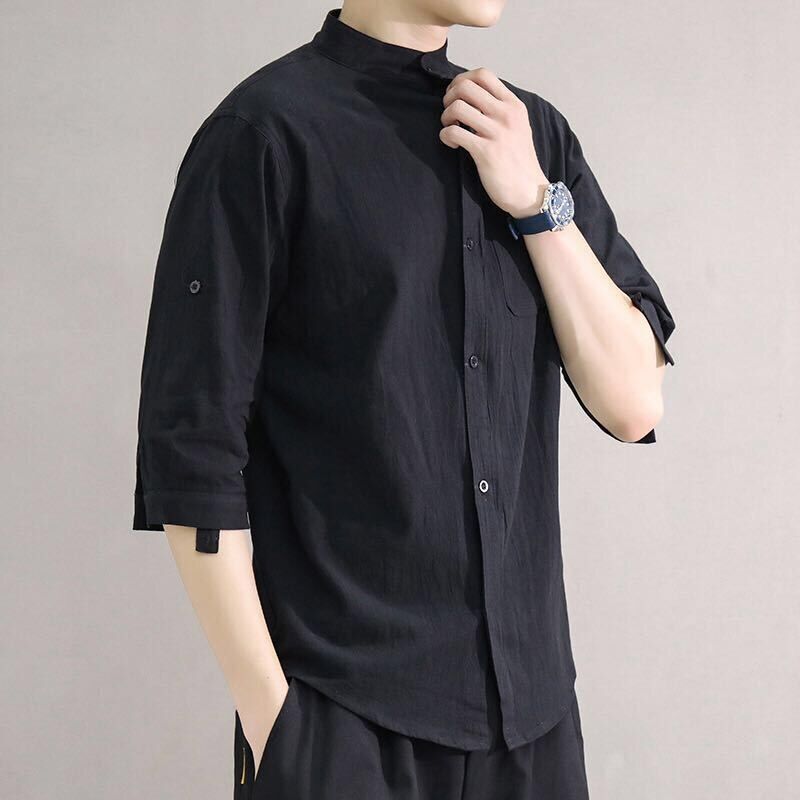 Men's cotton-linen short-sleeved shirt