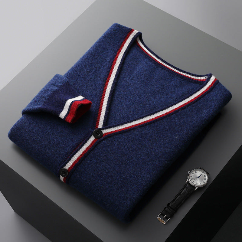 Men's Cardigan with Color Contrast Stripes