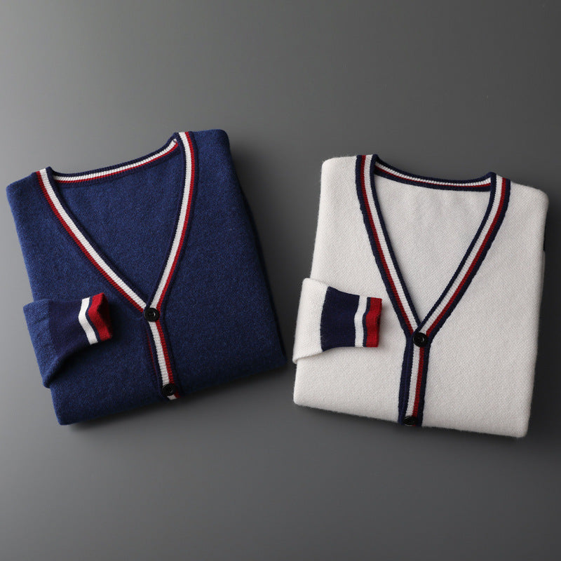 Men's Cardigan with Color Contrast Stripes