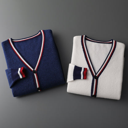 Men's Cardigan with Color Contrast Stripes