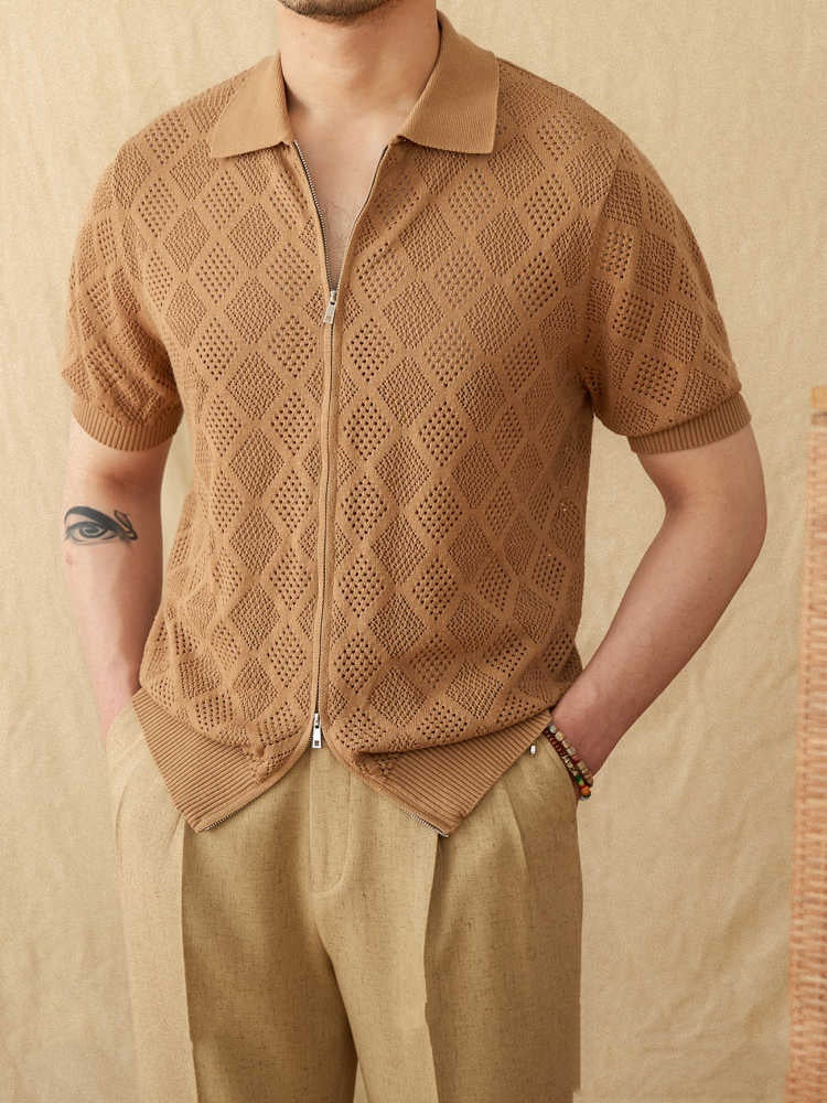 Urban Gents | Cotton Openwork Zip Polo